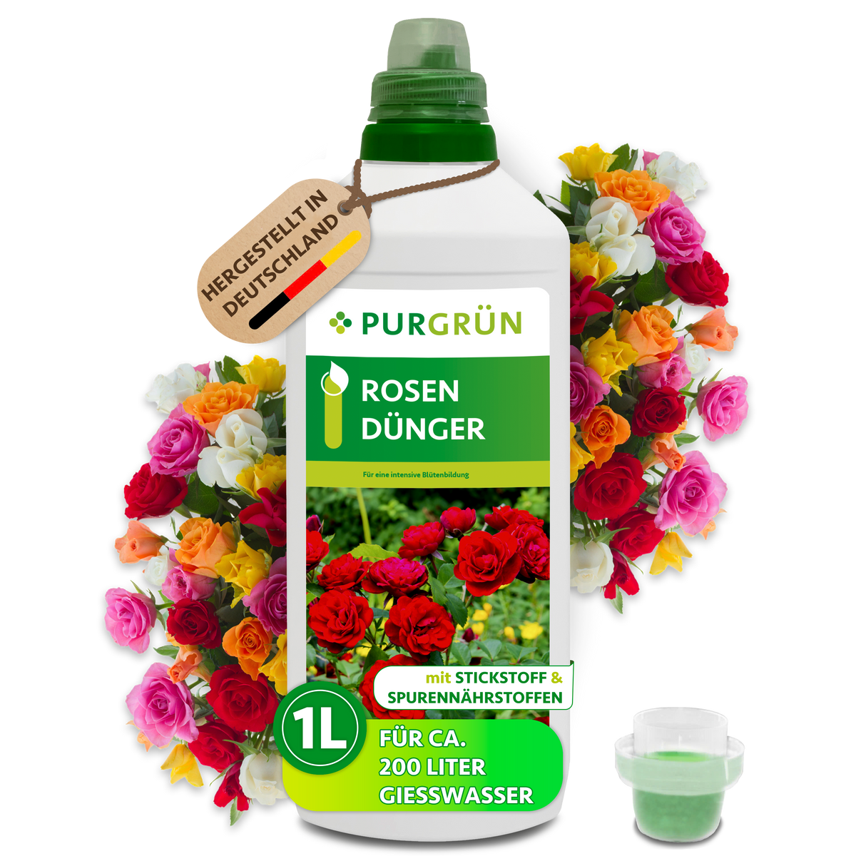 Purgrün Rosendünger in der 1-Liter-Flasche mit Dosierkappe, umgeben von bunten Rosen; laut Etikett für ca. 200 Liter Gießwasser.