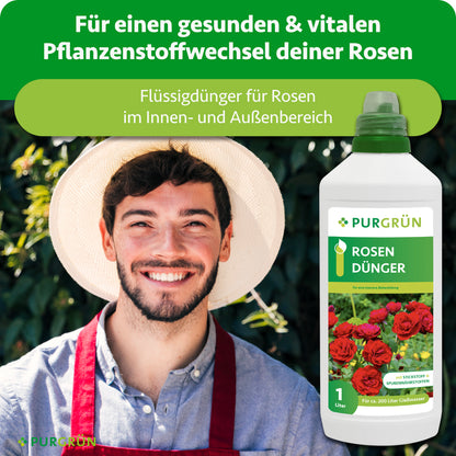 Lächelnder Gärtner neben Purgrün Rosendünger; Flüssigdünger für Rosen im Innen- und Außenbereich und für einen gesunden, vitalen Pflanzenstoffwechsel.