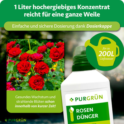 1 Liter hochergiebiges Konzentrat mit Dosierkappe reicht für ca. 200 Liter Gießwasser; daneben sind rote Rosen und die Düngerflasche dargestellt.