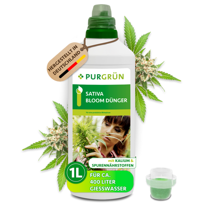 Purgrün Sativa-Bloom-Dünger in der 1-Liter-Flasche mit Dosierkappe, ausreichend für ca. 400 Liter Gießwasser.
