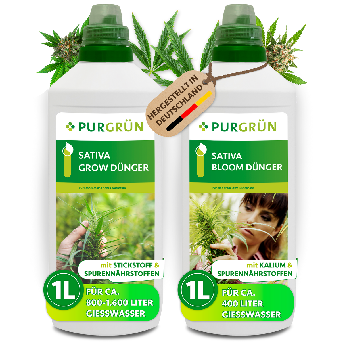 Sativa-Dünger-Set mit je 1 Liter Grow- und Bloom-Dünger in weißen Flaschen mit Dosierkappen.