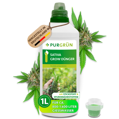 Purgrün Sativa-Grow-Dünger in der 1-Liter-Flasche mit Dosierkappe, Cannabisblättern und Anhänger „Hergestellt in Deutschland“.