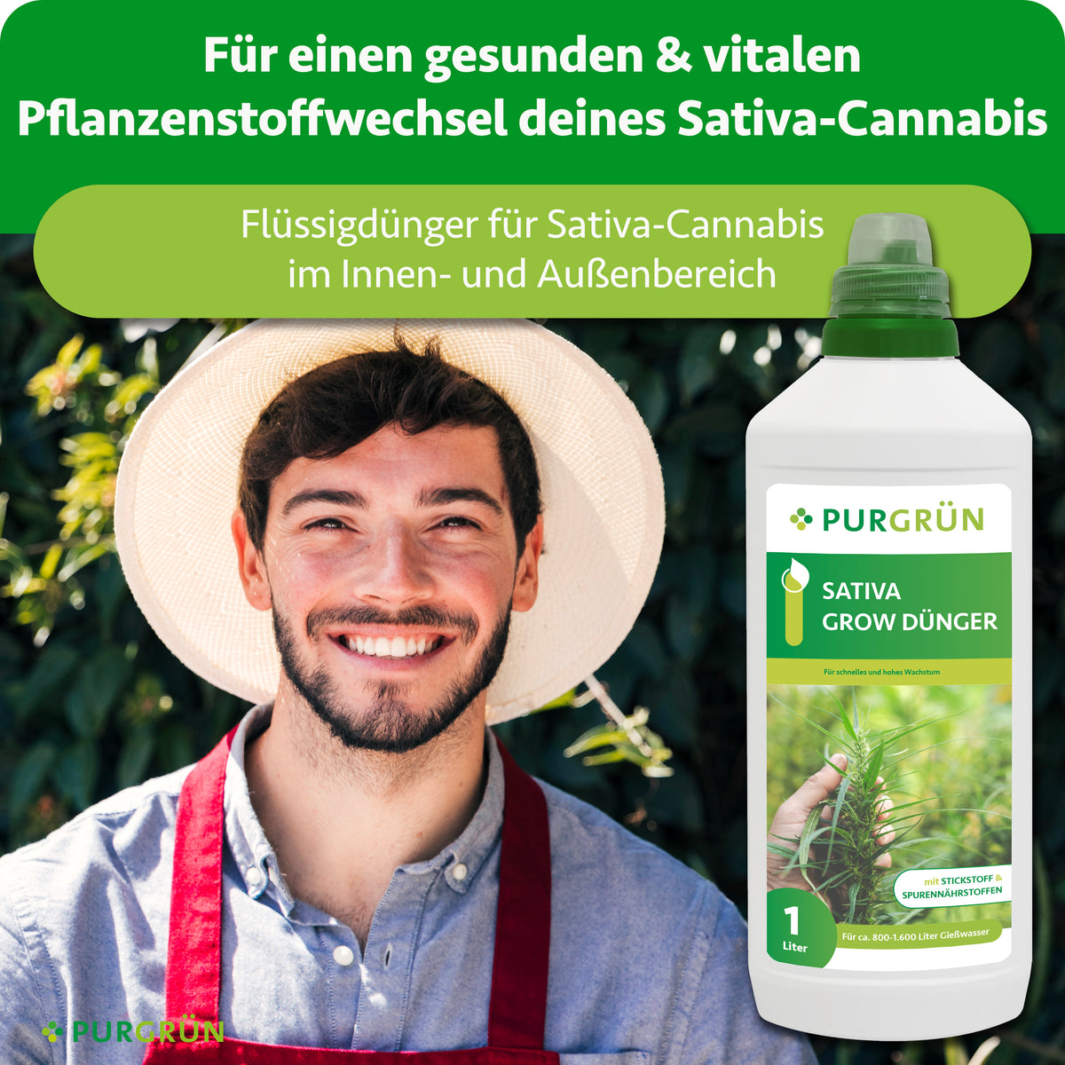 Sativa-Grow-Flüssigdünger für einen gesunden, vitalen Pflanzenstoffwechsel im Innen- und Außenbereich, dargestellt neben einem lächelnden Gärtner.