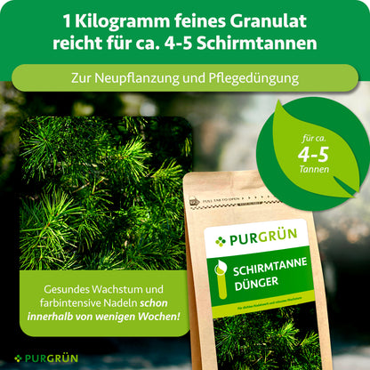 1 kg feines Granulat reicht zur Neupflanzung und Pflegedüngung für ca. 4–5 Schirmtannen. Gesundes Wachstum und farbintensive Nadeln zeigen sich schon innerhalb weniger Wochen.
