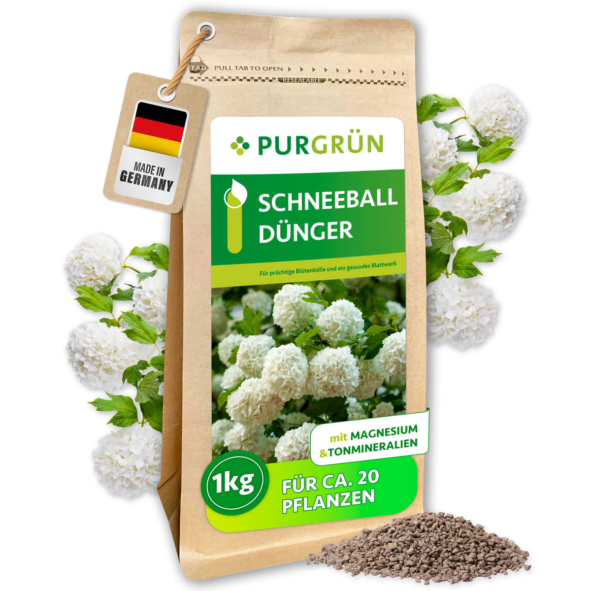 Purgrün Schneeball-Dünger im 1-kg-Beutel für ca. 20 Pflanzen, mit Magnesium und Tonmineralien.