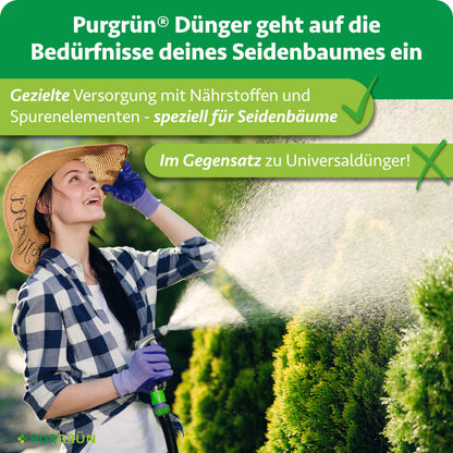 Purgrün Dünger versorgt Seidenbäume gezielt mit Nährstoffen und Spurenelementen und wird als speziell für Seidenbäume statt als Universaldünger dargestellt.