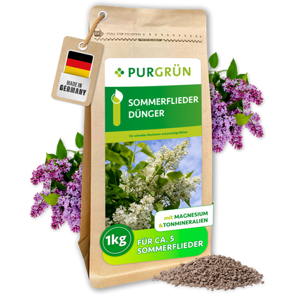 Purgrün Sommerflieder-Dünger im 1-kg-Standbeutel, mit sichtbarem Granulat und Sommerfliederblüten.