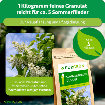 1 kg feines Granulat reicht für ca. 5 Sommerflieder und eignet sich zur Neupflanzung und Pflegedüngung.