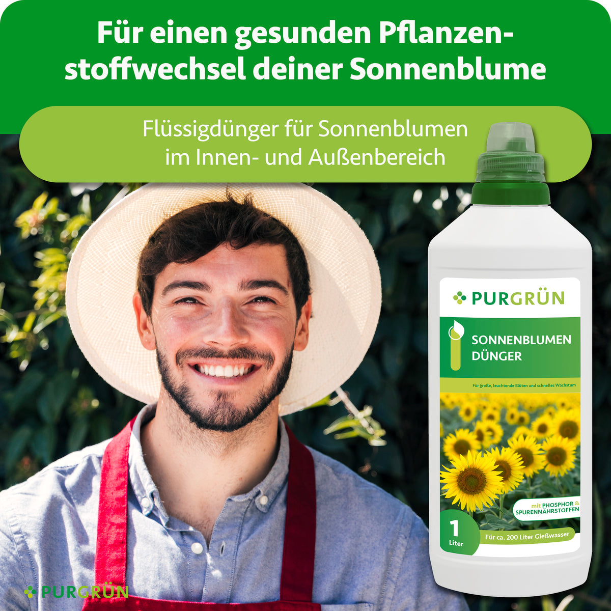 Flüssigdünger für Sonnenblumen im Innen- und Außenbereich, dargestellt neben einem lächelnden Gärtner.