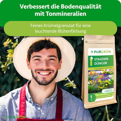 Staudendünger mit Tonmineralien verbessert die Bodenqualität; feines Krümelgranulat unterstützt eine leuchtende Blütenfärbung.