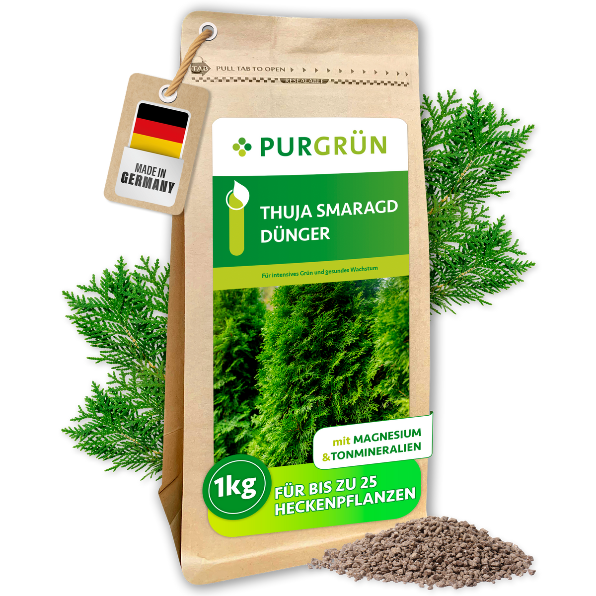 Purgrün Thuja-Smaragd-Dünger, 1 kg, vor Thuja-Zweigen und Granulat; mit Magnesium und Tonmineralien für bis zu 25 Heckenpflanzen.
