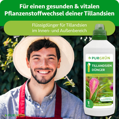 Flüssiger Tillandsien-Dünger für den Innen- und Außenbereich, dargestellt neben einem lächelnden Gärtner.