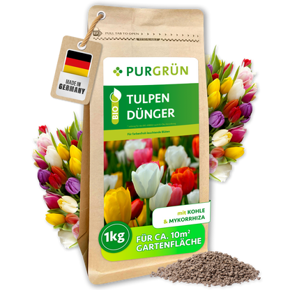 Purgrün Bio-Tulpendünger im 1-kg-Beutel, mit Kohle und Mykorrhiza für ca. 10 m² Gartenfläche.