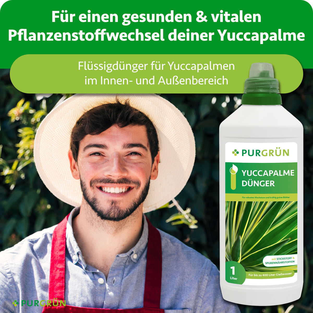 Lächelnder Gärtner neben einer 1-Liter-Flasche Purgrün Yucca-Palme-Dünger für den Innen- und Außenbereich.