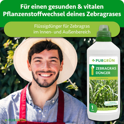 Zebragras-Dünger für einen gesunden, vitalen Pflanzenstoffwechsel im Innen- und Außenbereich, präsentiert neben einem lächelnden Gärtner.