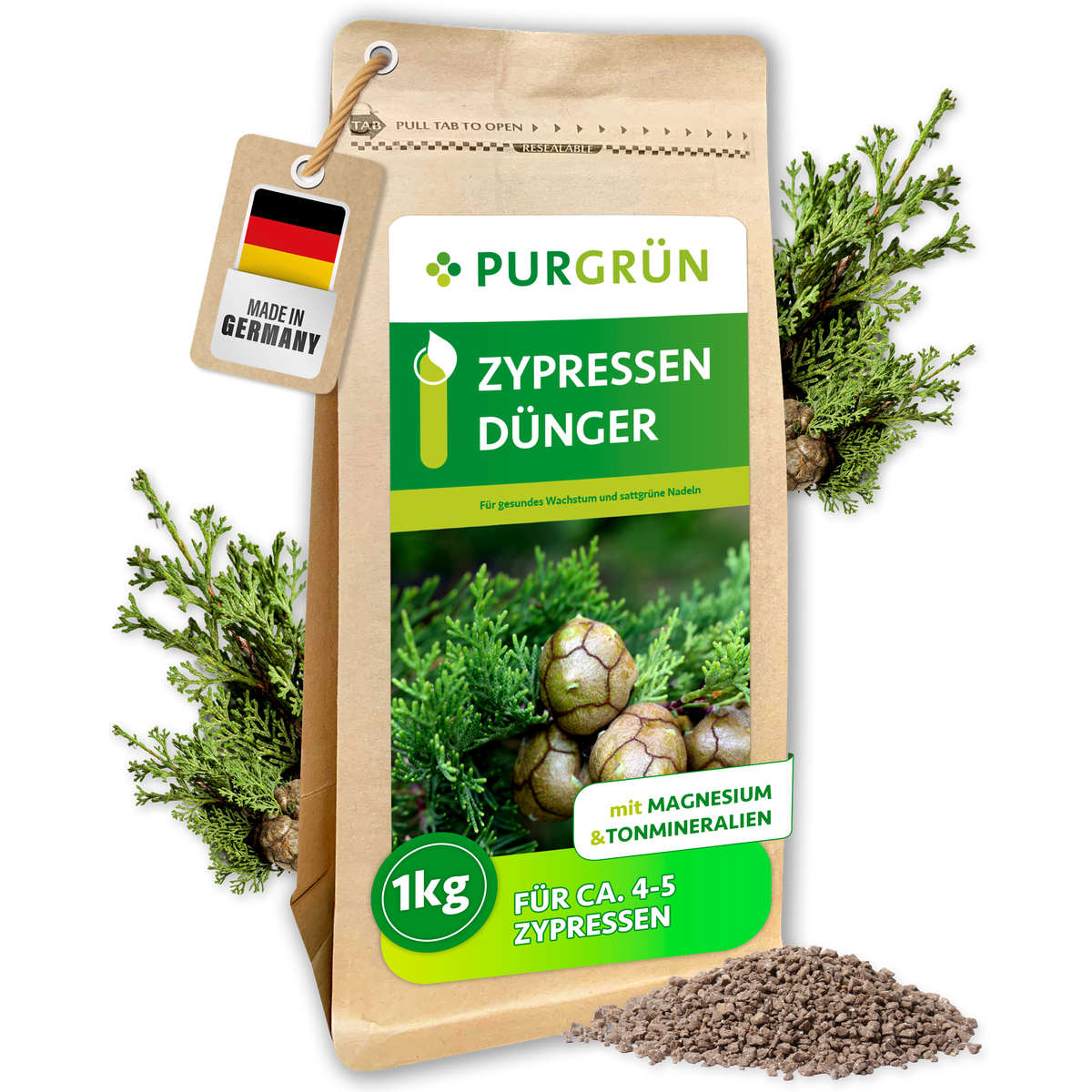 Purgrün Zypressen-Dünger im 1-kg-Standbeutel mit Zypressenzweigen und feinem Granulat, laut Etikett für ca. 4–5 Zypressen.
