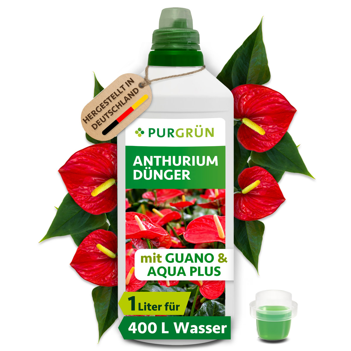 Purgrün Anthurium-Dünger in der 1-Liter-Flasche mit Dosierkappe, umgeben von roten Anthurien; reicht für ca. 400 Liter Gießwasser.