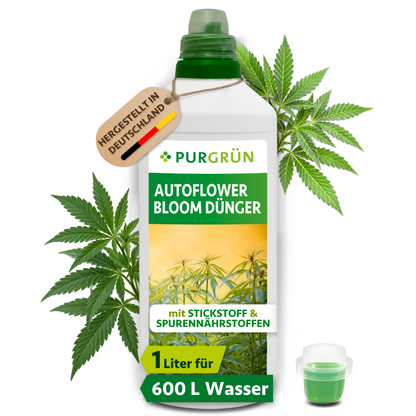 Purgrün Autoflower-Bloom-Dünger in der 1-Liter-Flasche mit Dosierkappe; reicht für ca. 600 Liter Gießwasser.