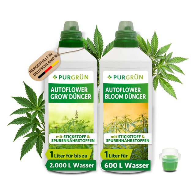 Zwei 1-Liter-Flaschen des Purgrün Autoflower-Dünger-Sets mit der Aufschrift „Grow-Dünger“ und „Bloom-Dünger“ sind mit grünen Deckeln, Bildern von Cannabispflanzen und der Aufschrift „Hergestellt in Deutschland“ versehen.