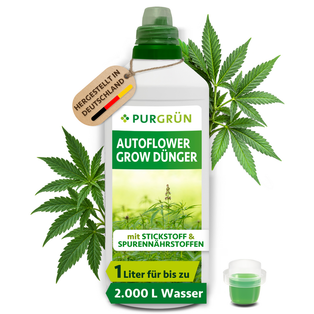 1-Liter-Flasche Purgrün Autoflower-Grow-Dünger mit Dosierkappe, Cannabisblüten und Hinweis auf ca. 1.000–2.000 Liter Gießwasser.