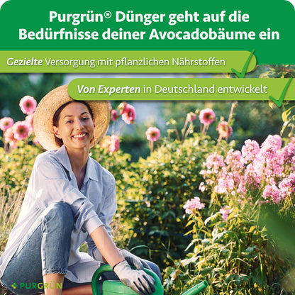 Purgrün Bio-Avocado-Dünger: gezielte Versorgung mit pflanzlichen Nährstoffen, von Experten in Deutschland entwickelt.
