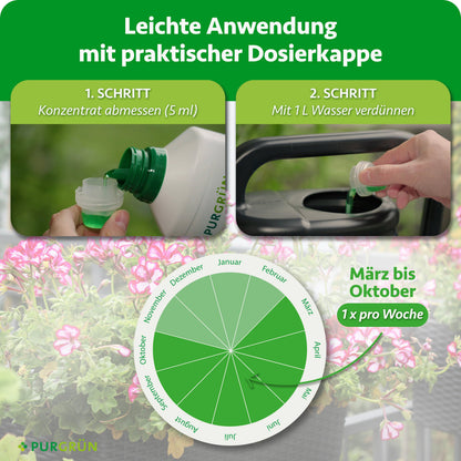 Anwendung: 5 ml Konzentrat abmessen, mit 1 Liter Wasser verdünnen und von März bis Oktober einmal pro Woche düngen.