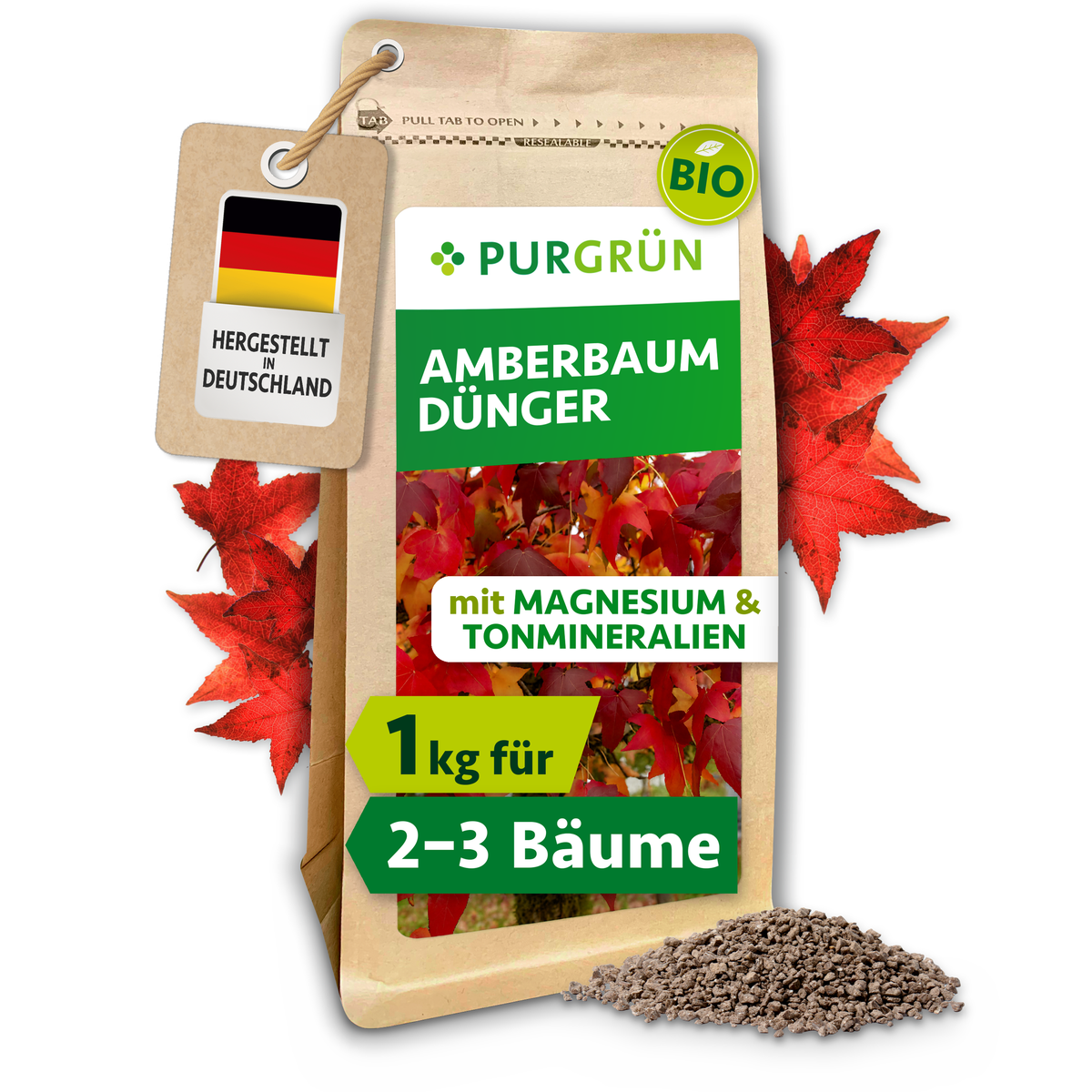 Purgrün Bio-Amberbaum-Dünger im 1-kg-Beutel für ca. 2–3 Amberbäume, mit roten Blättern und feinem Granulat.