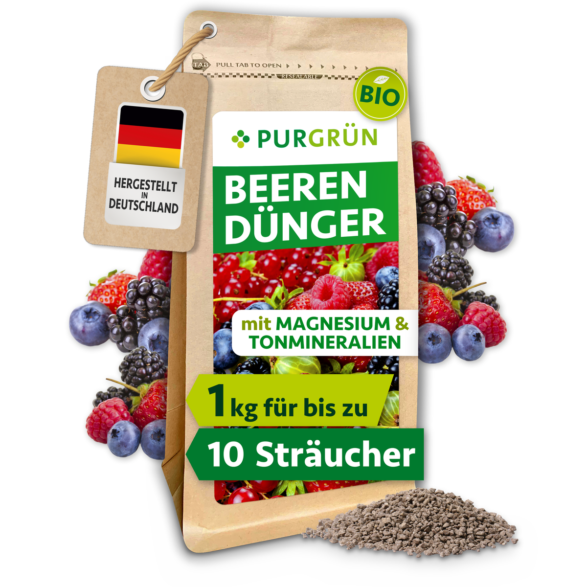 Purgrün Bio-Beerendünger im 1-kg-Beutel mit Beerenmotiv, umgeben von Beeren und feinem Granulat.