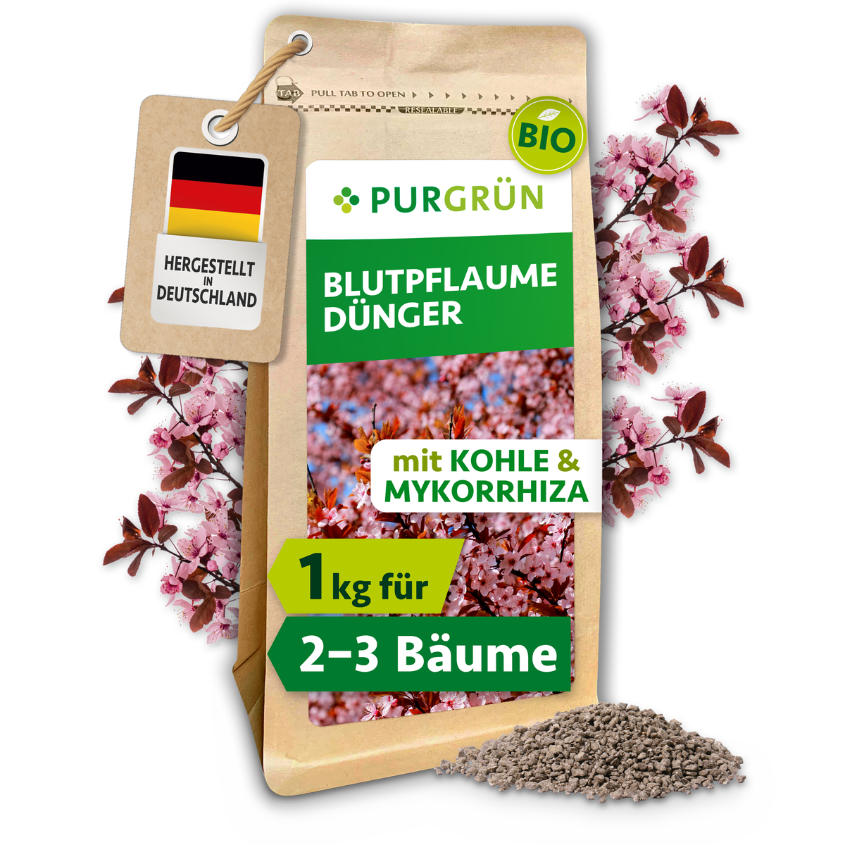 Purgrün Bio-Blutpflaume-Dünger, 1 kg, im Standbeutel mit Blütenmotiv und losem Granulat; mit Kohle und Mykorrhiza.