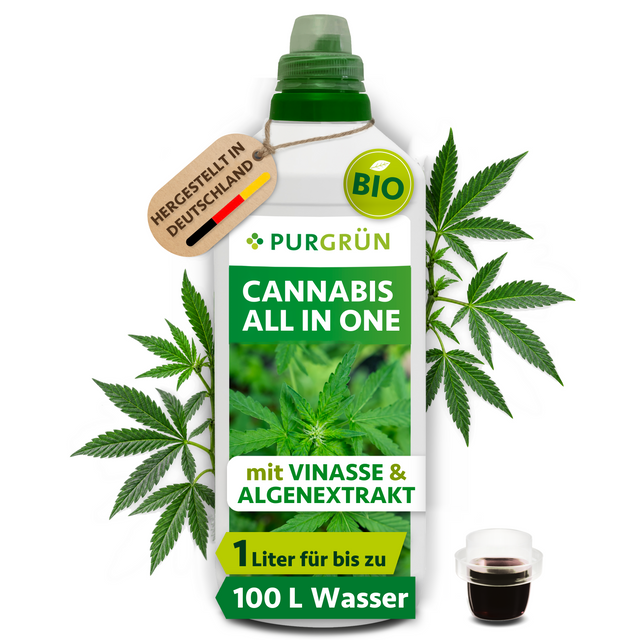 Bio-Cannabis-All-In-One-Dünger, 1 Liter, mit Dosierkappe und Cannabisblättern; reicht für ca. 50–100 Liter Gießwasser.