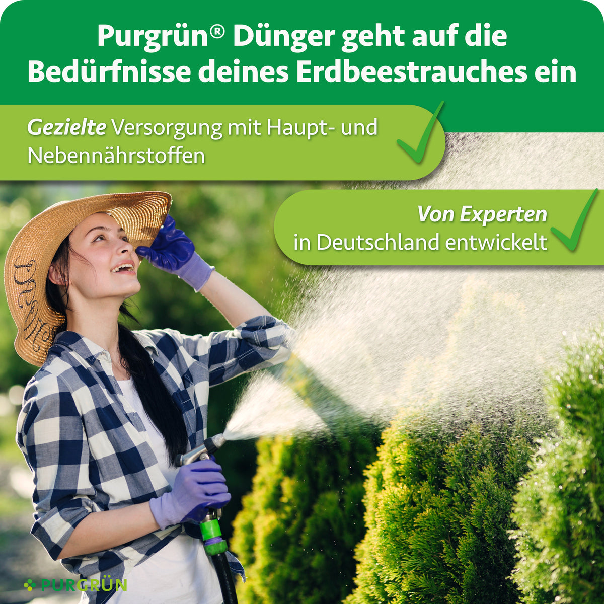Purgrün Bio-Erdbeerdünger: gezielte Versorgung mit Haupt- und Nebennährstoffen, von Experten in Deutschland entwickelt.