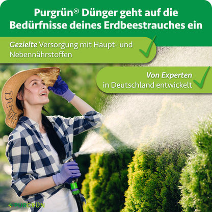 Purgrün Bio-Erdbeerdünger: gezielte Versorgung mit Haupt- und Nebennährstoffen, von Experten in Deutschland entwickelt.