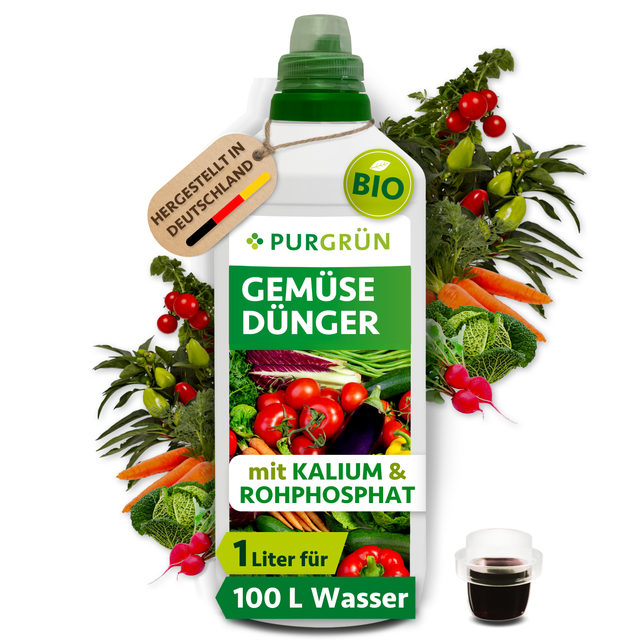 1-Liter-Flasche Purgrün Bio-Gemüsedünger mit Dosierkappe; laut Etikett für ca. 100 Liter Gießwasser und hergestellt in Deutschland.