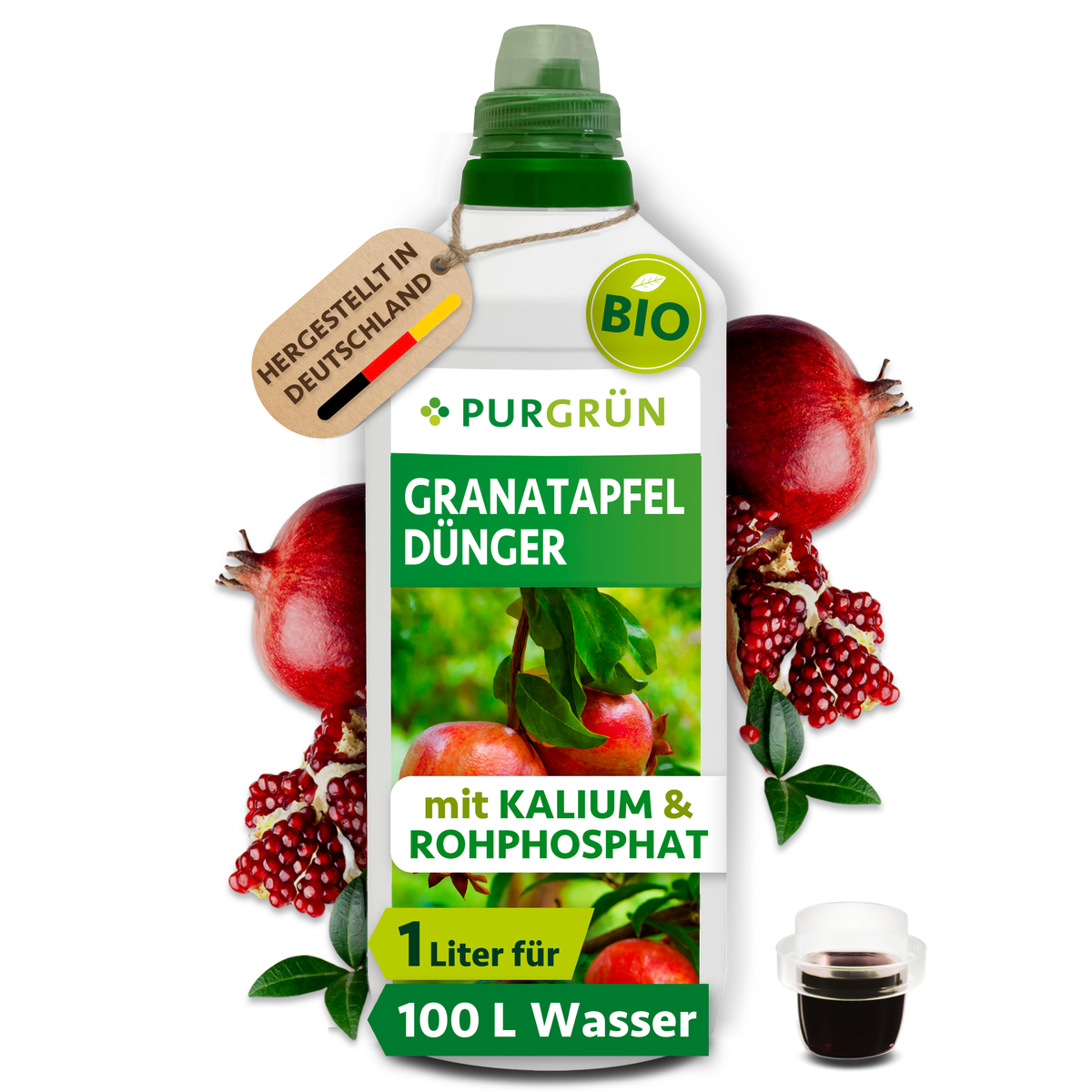 Purgrün Bio-Granatapfel-Dünger, 1 Liter, mit Dosierkappe; Konzentrat für ca. 100 Liter Gießwasser.