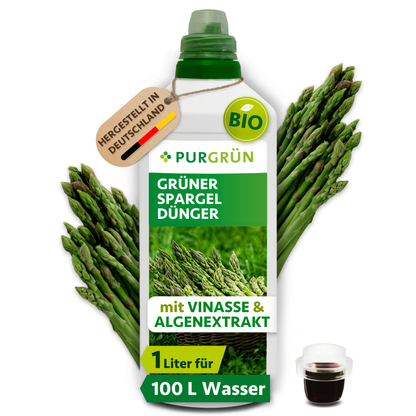 Purgrün Bio-Grüner-Spargel-Dünger in der 1-Liter-Flasche mit Dosierkappe, umgeben von grünen Spargelstangen.