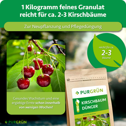 1 kg feines Granulat reicht für ca. 2–3 Kirschbäume und eignet sich zur Neupflanzung und Pflegedüngung.