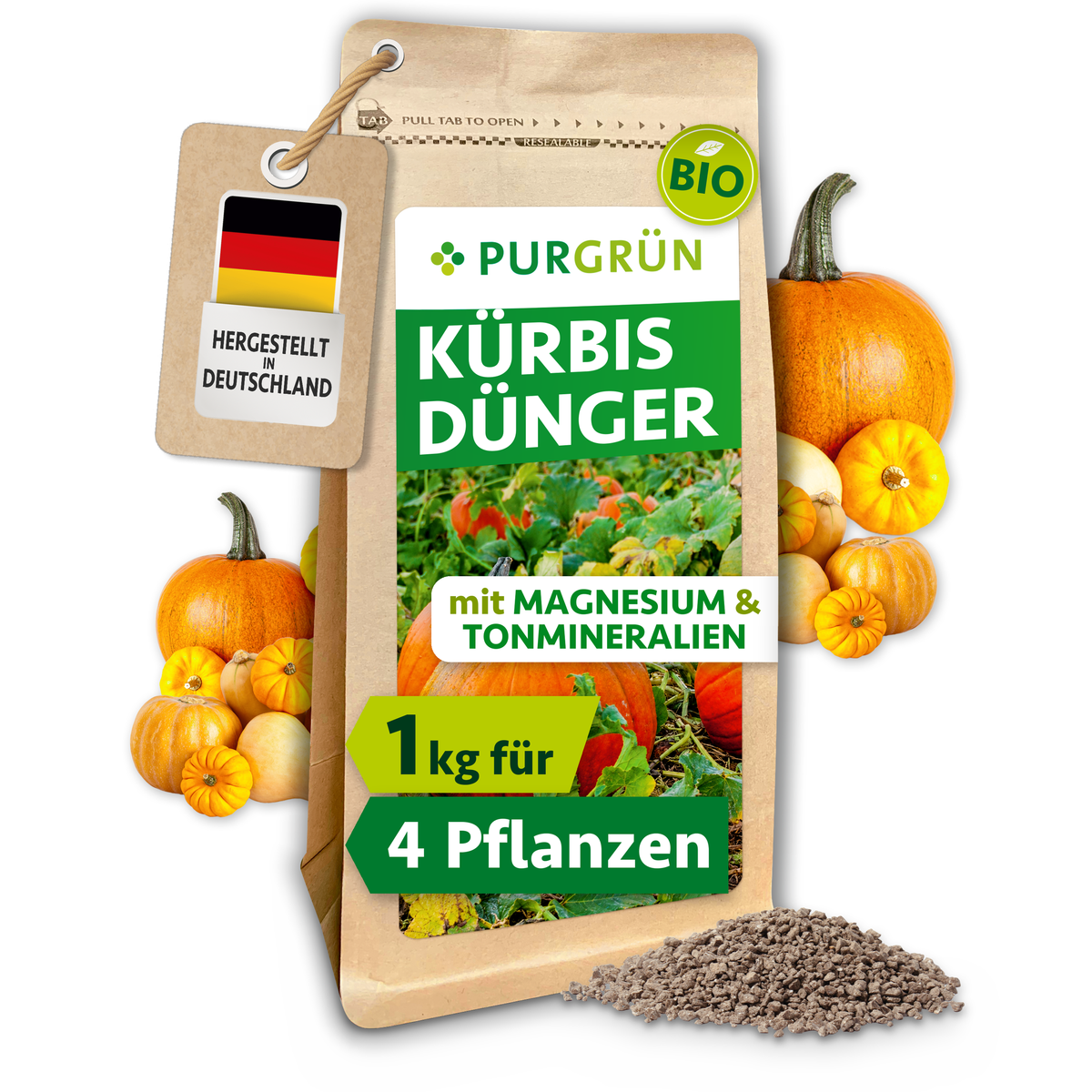 Purgrün Bio-Kürbisdünger im 1-kg-Beutel, mit Magnesium und Tonmineralien für ca. 4 Pflanzen.