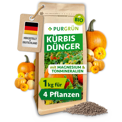 Purgrün Bio-Kürbisdünger im 1-kg-Beutel, mit Magnesium und Tonmineralien für ca. 4 Pflanzen.