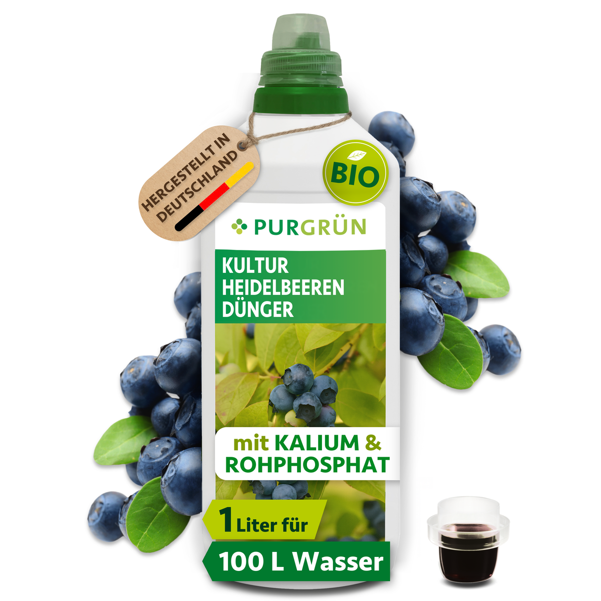Purgrün Bio-Kulturheidelbeeren-Dünger, 1 Liter, mit Dosierkappe; ausreichend für ca. 100 Liter Gießwasser.