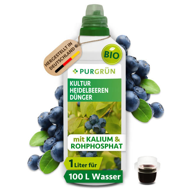 Purgrün Bio-Kulturheidelbeeren-Dünger, 1 Liter, mit Dosierkappe; ausreichend für ca. 100 Liter Gießwasser.