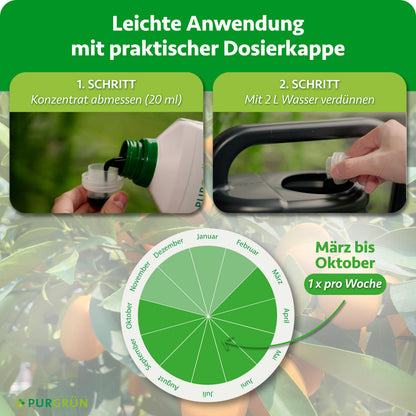 Anwendung: 20 ml Konzentrat abmessen, mit 2 Litern Wasser verdünnen und von März bis Oktober einmal pro Woche verwenden.