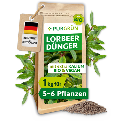 Bio-Lorbeer-Dünger im 1-kg-Standbeutel, mit Lorbeerblättern und feinem Granulat; ausreichend für ca. 5–6 Pflanzen.