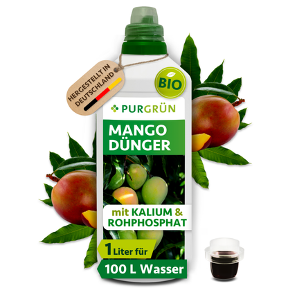 Purgrün Bio-Mango-Dünger, 1 Liter, mit Dosierkappe; Konzentrat für ca. 100 Liter Gießwasser.