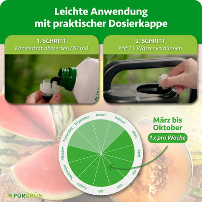 Anwendung von März bis Oktober einmal pro Woche: 20 ml Konzentrat mit der Dosierkappe abmessen und mit 2 Litern Wasser verdünnen.