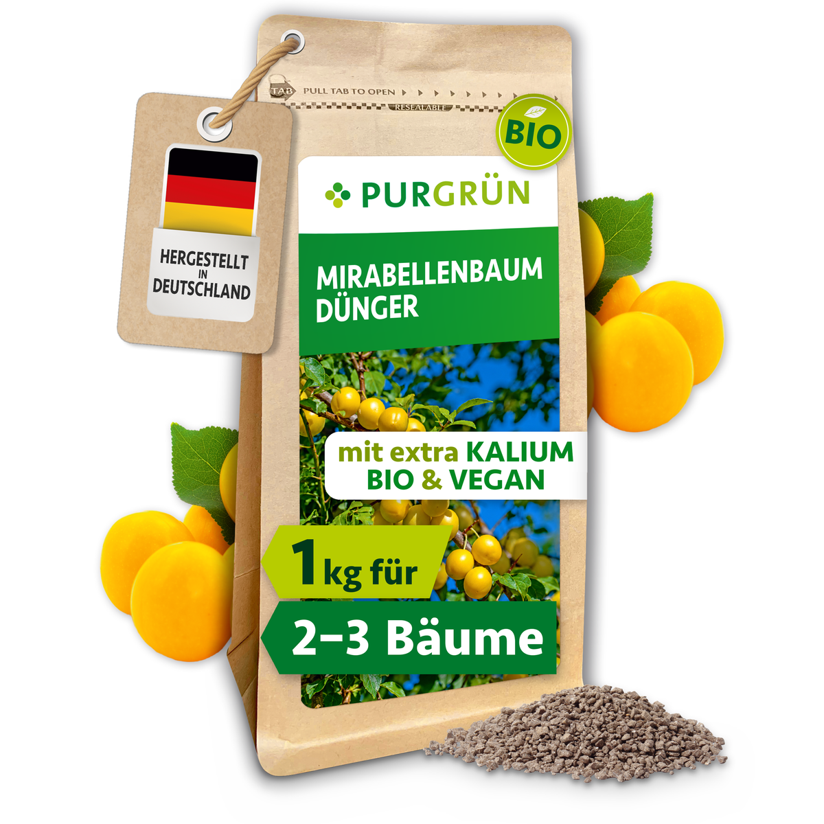 Purgrün Bio-Mirabellenbaum-Dünger, 1 kg, im wiederverschließbaren Beutel mit Mirabellen und sichtbarem Krümelgranulat.
