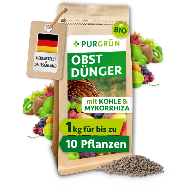 Purgrün Bio-Obstdünger im 1-kg-Beutel mit Kohle und Mykorrhiza, für bis zu 10 Obstpflanzen.