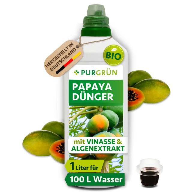 Bio-Papaya-Dünger im 1-Liter-Gebinde mit Dosierkappe, hergestellt in Deutschland und ausreichend für ca. 100 Liter Gießwasser.