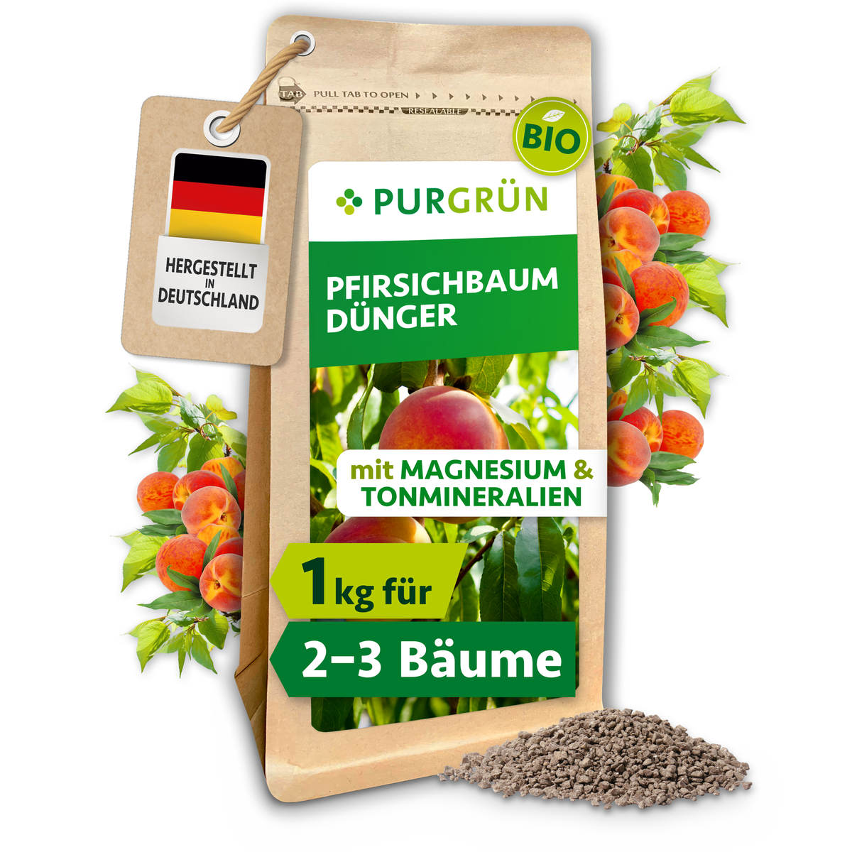Purgrün Bio-Pfirsichbaum-Dünger, 1 kg, im braunen Standbodenbeutel mit Pfirsichmotiv und sichtbarem Granulat.