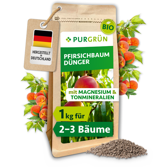 Purgrün Bio-Pfirsichbaum-Dünger, 1 kg, im braunen Standbodenbeutel mit Pfirsichmotiv und sichtbarem Granulat.