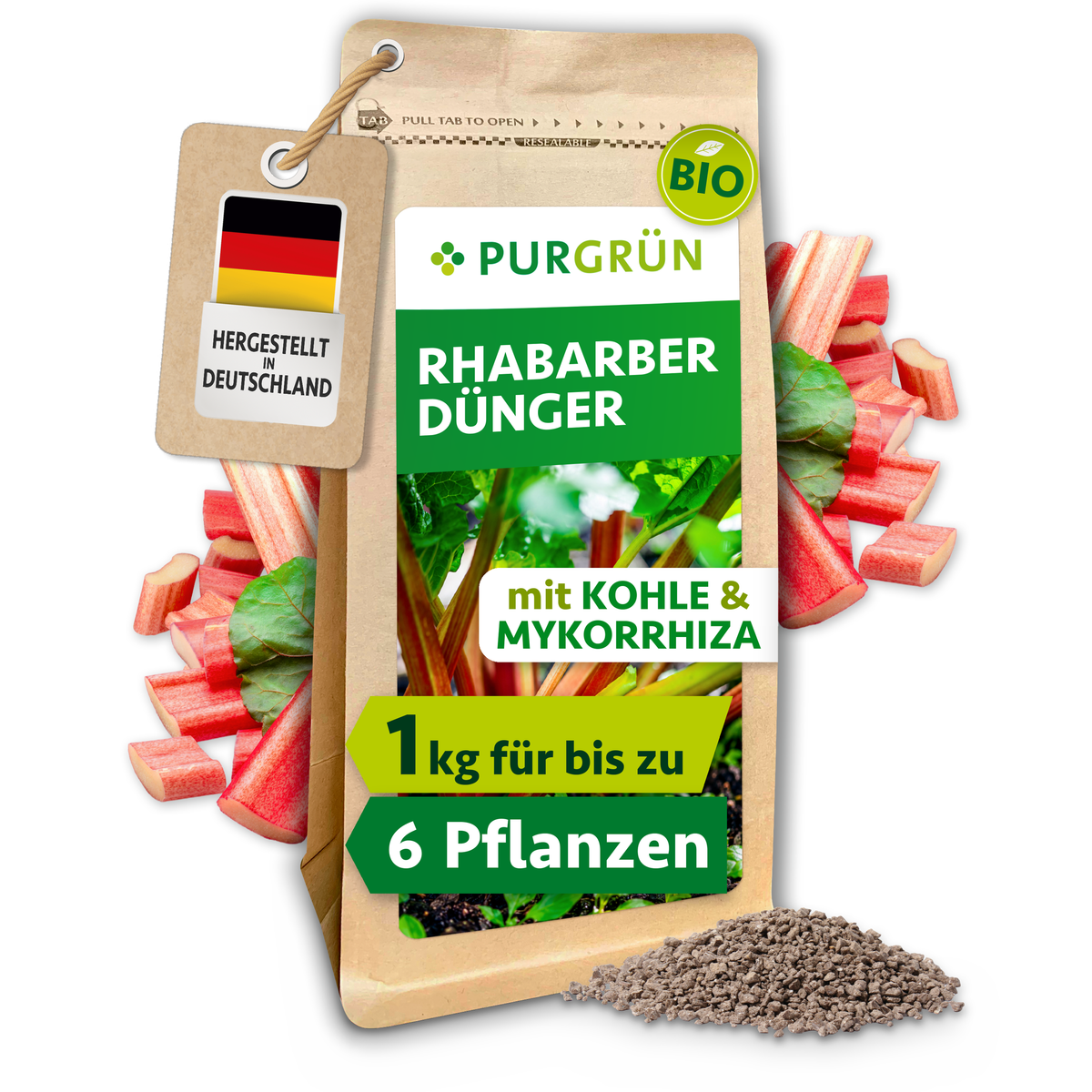 Purgrün Bio-Rhabarber-Dünger im 1-kg-Beutel mit Kohle und Mykorrhiza, ausreichend für bis zu 6 Pflanzen.